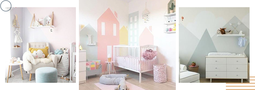 formes en couleurs pastels et flashy sur les mûrs pour l_aménagement d_une chambre bébé